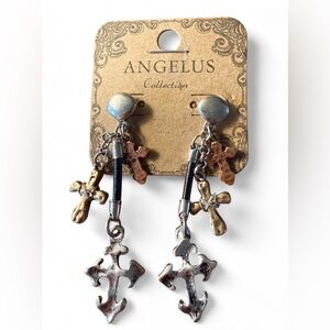 Angelus Collection Multi-media Hammered Cross Dangle Earrings NEW
